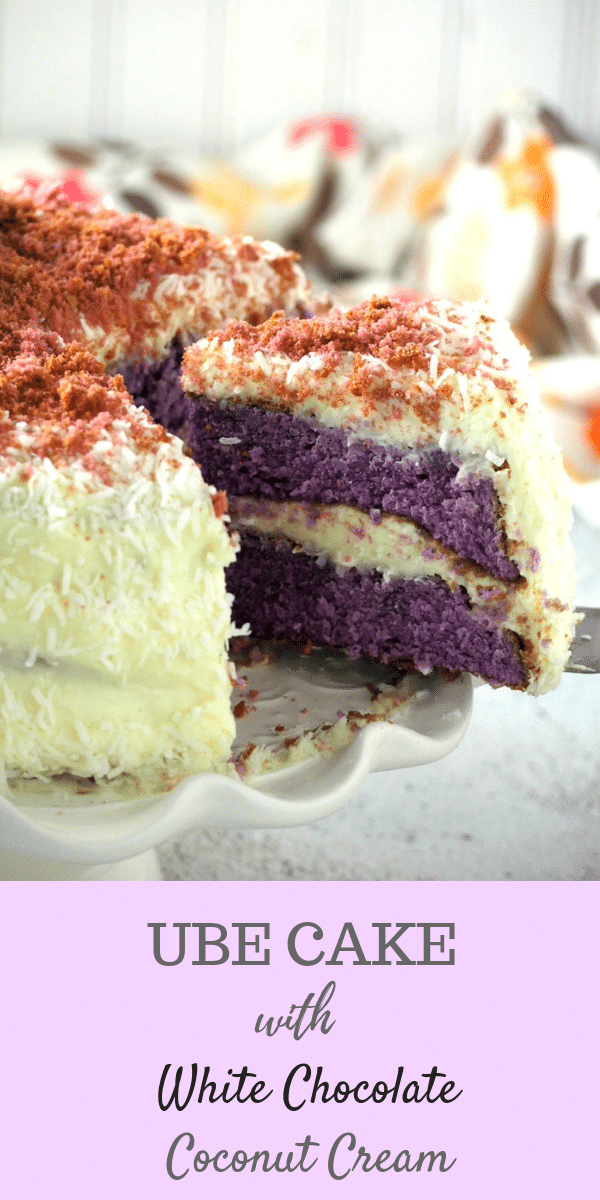 This ube cake with white chocolate coconut cream is so divine. It is a delicious ube-coconut treat! #purpleyam #ube #coconut #Asiancakes | Woman Scribbles
