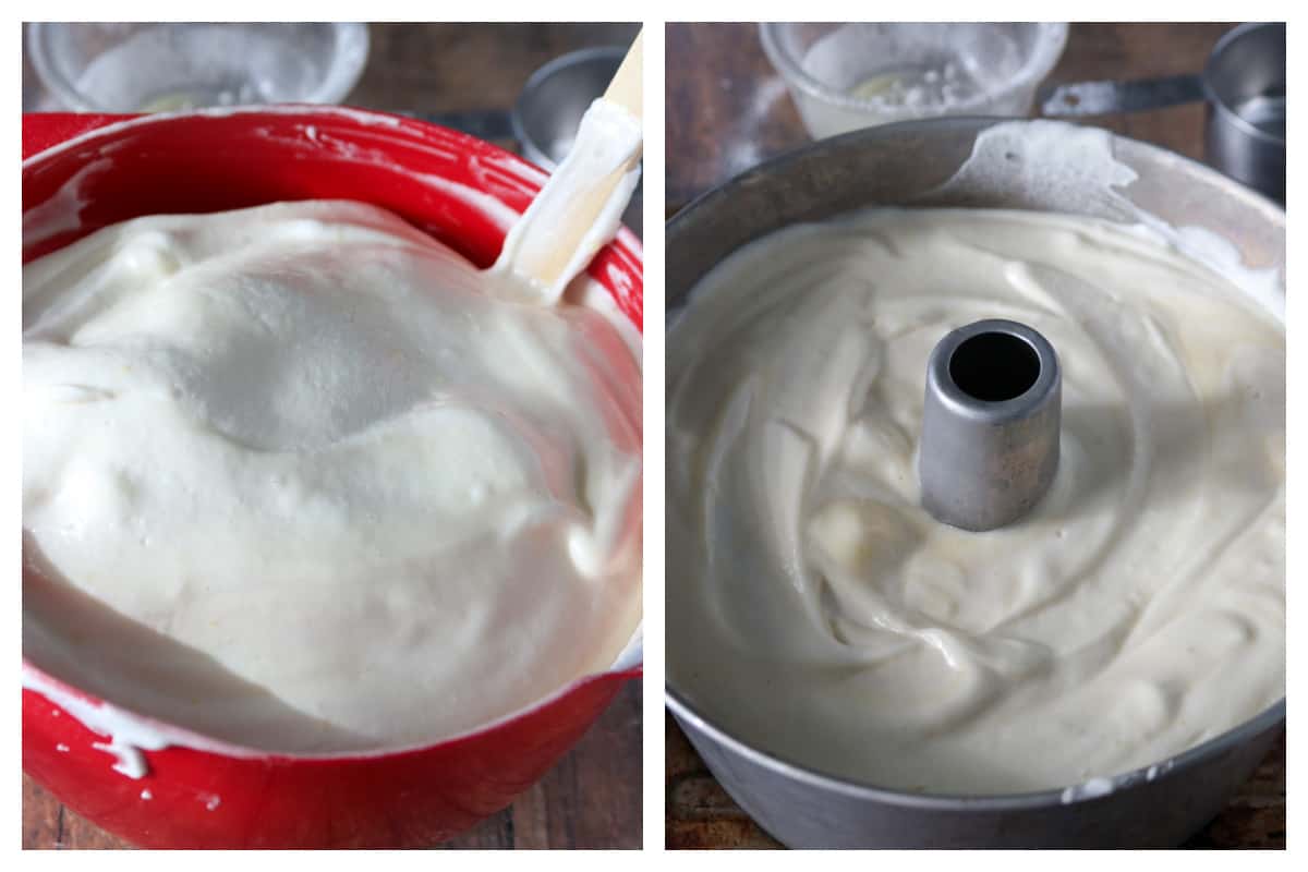 The final pineapple chiffon cake batter (left) and the batter ready for baking in the tube pan (right).