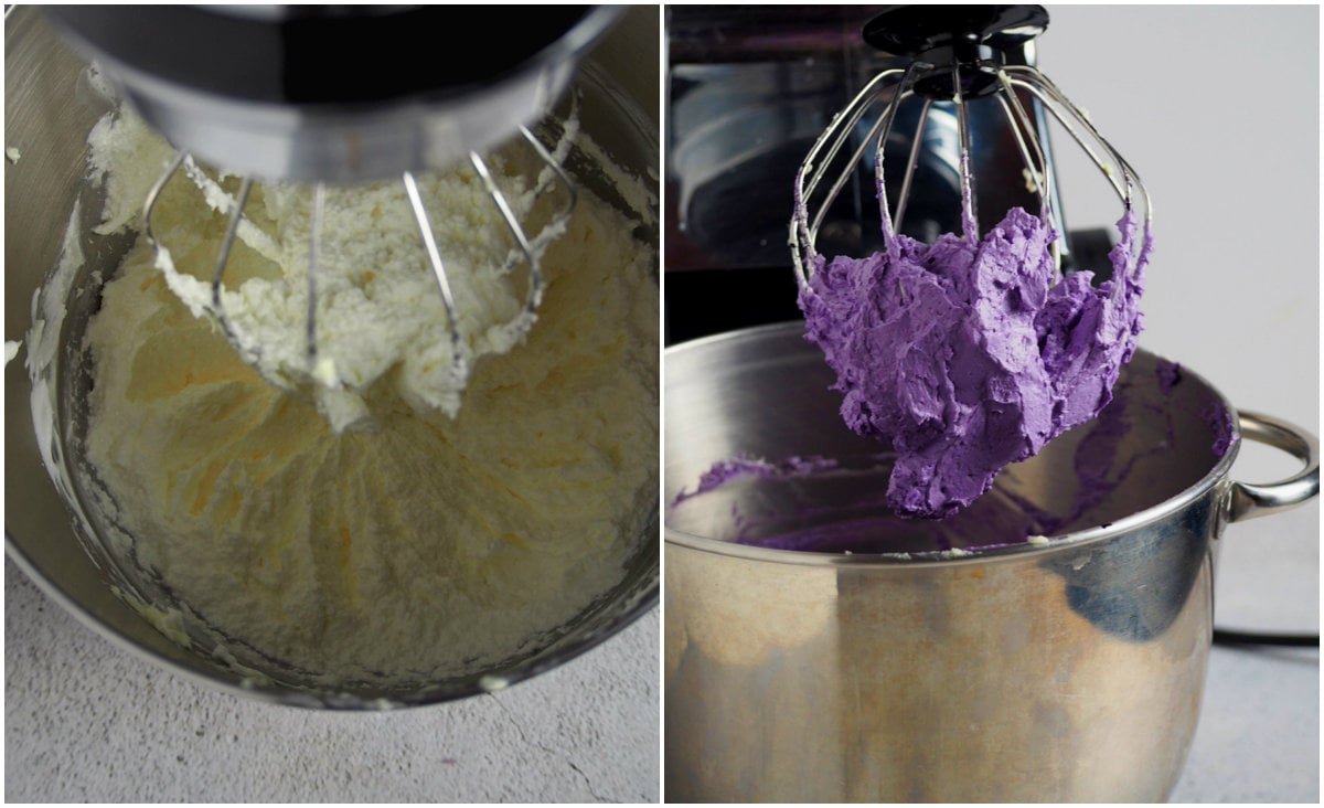 The butter is added to the meringue and in the right photo, ube flavoring.