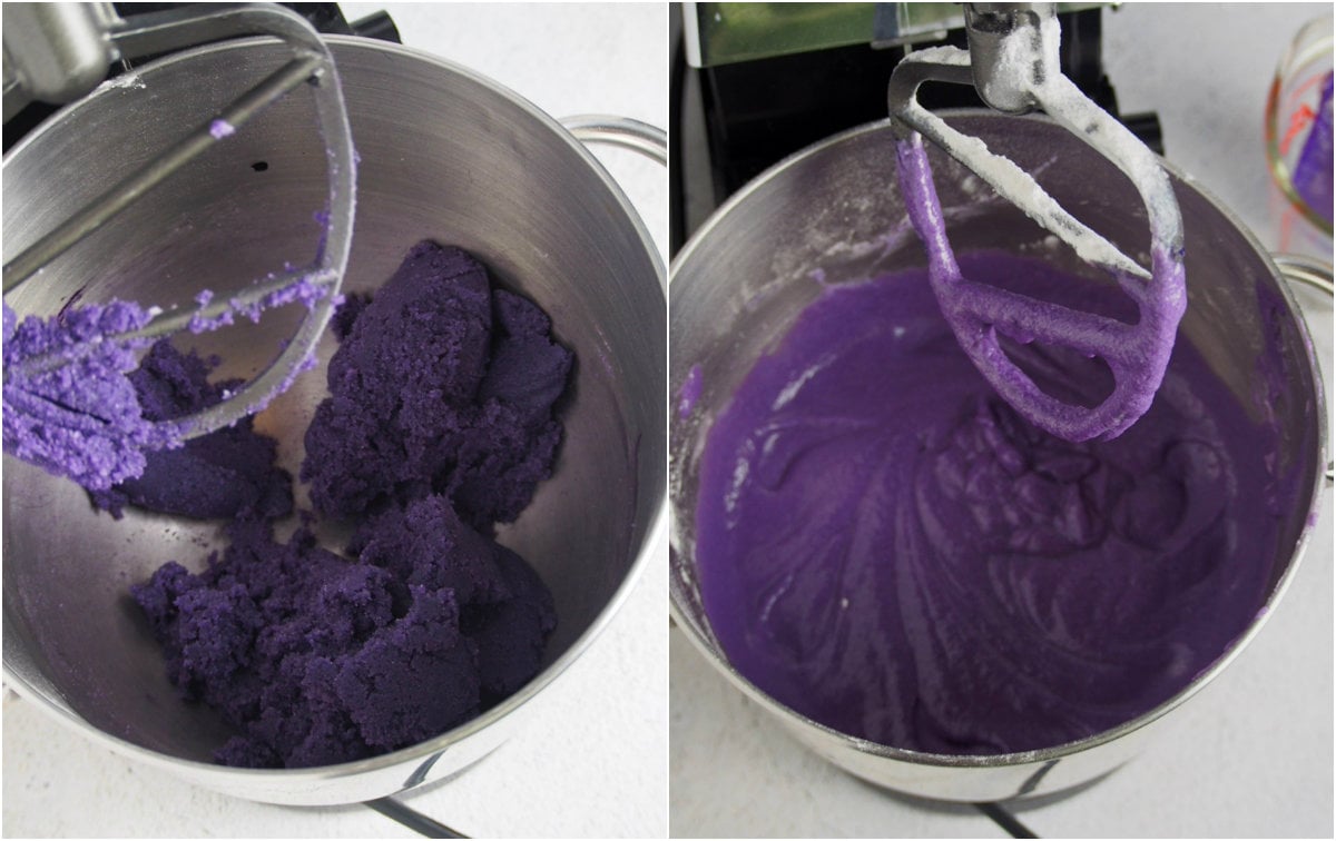 Making the cake batter for the ube cupcakes.