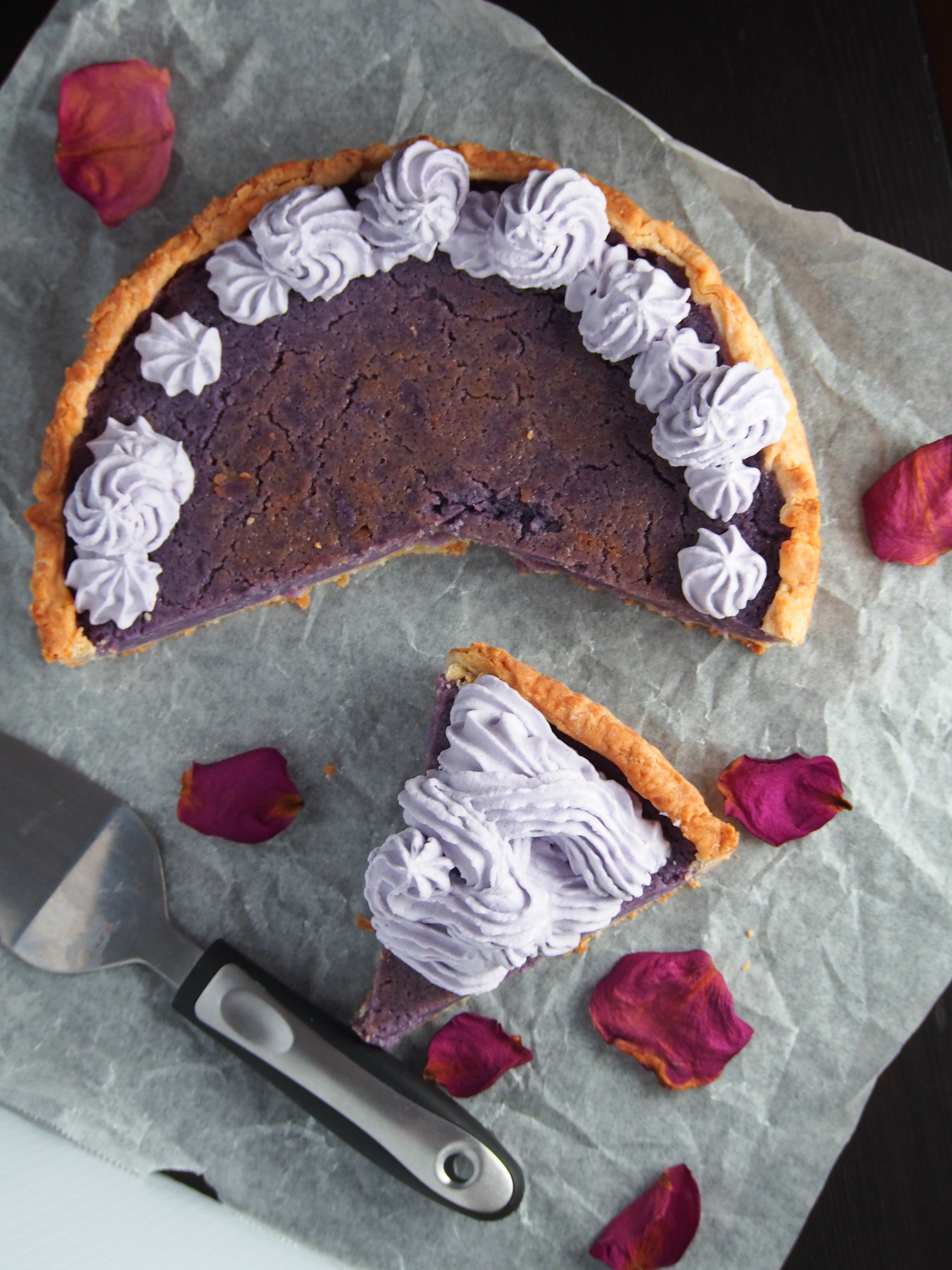 Ube desserts recipes. Simply delicious ube pie made of purple yam filling and neslted on a flaky cream cheese pie crust.