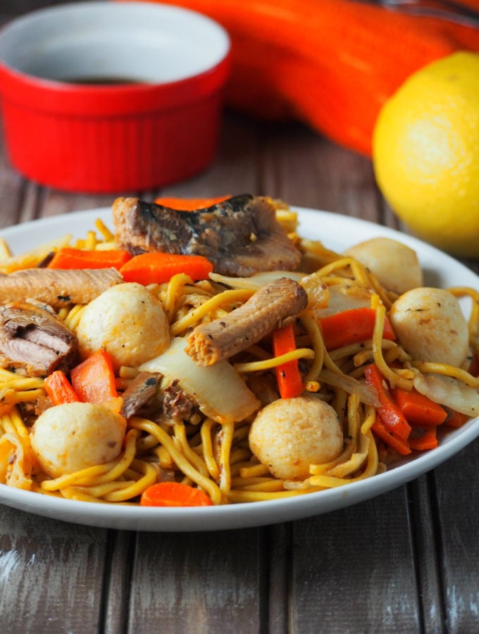 A Filipino style pancit canton that uses sardines as main ingredient. This meat free noodle dish is tasty and easy to make.