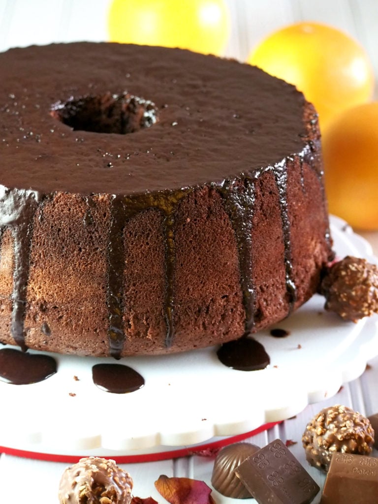 A tall, fluffy and soft chocolate chiffon cake with orange chocolate glaze. This elegant chiffon is so moist and simply flavorful!