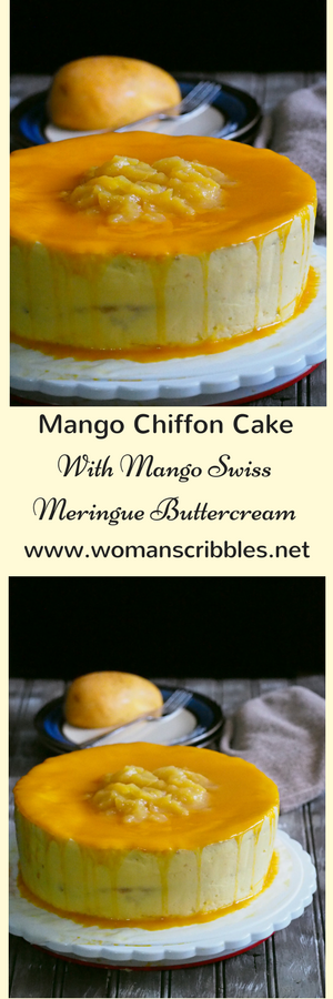 This delectable mango chiffon cake is a light and spongy vanilla chiffon, frosted and filled with Mango Swiss Meringue buttercream.