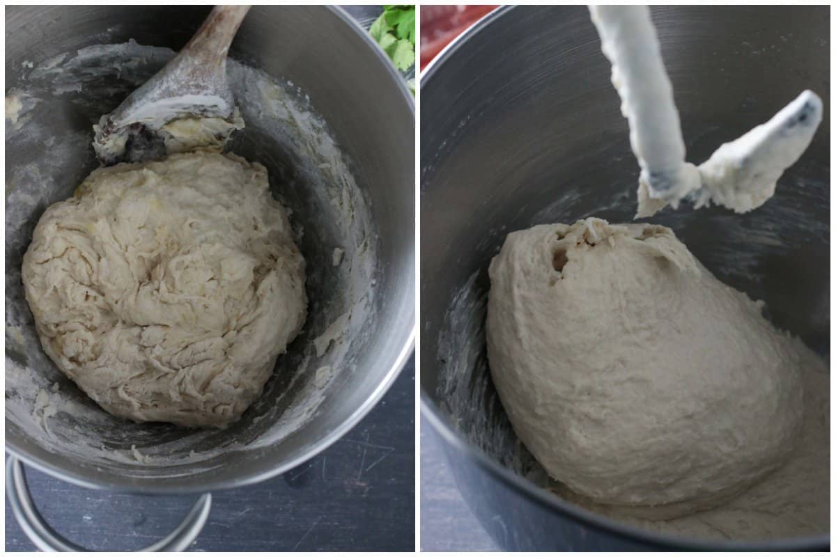 Kneading the pizza dough on the mixer.