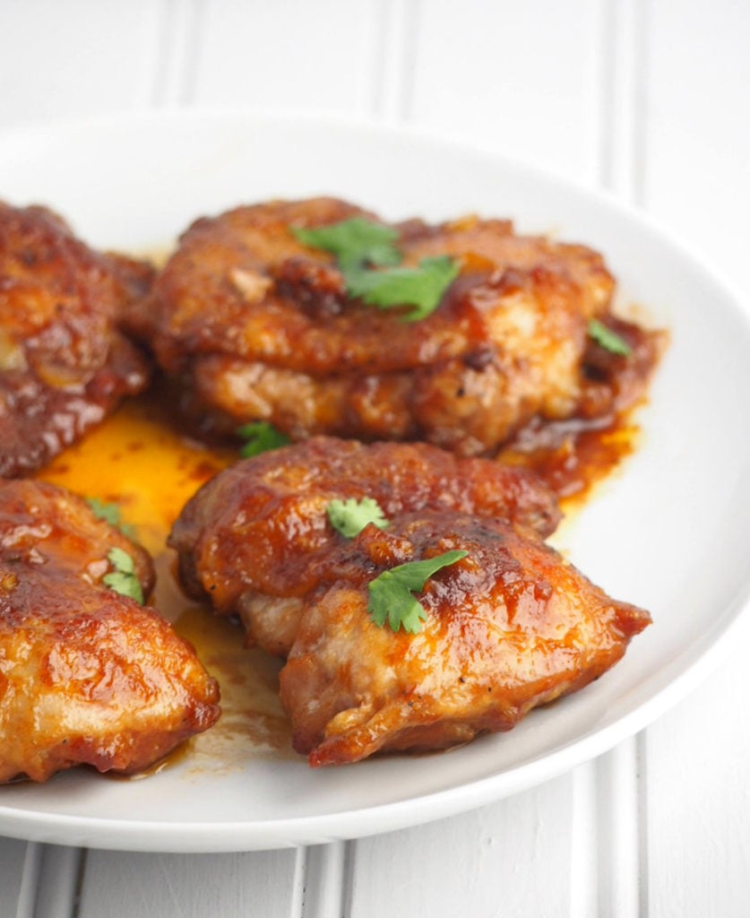 Soymustard chicken are fried pieces of chicken thighs smothered in a rich, sweet and salty sauce.