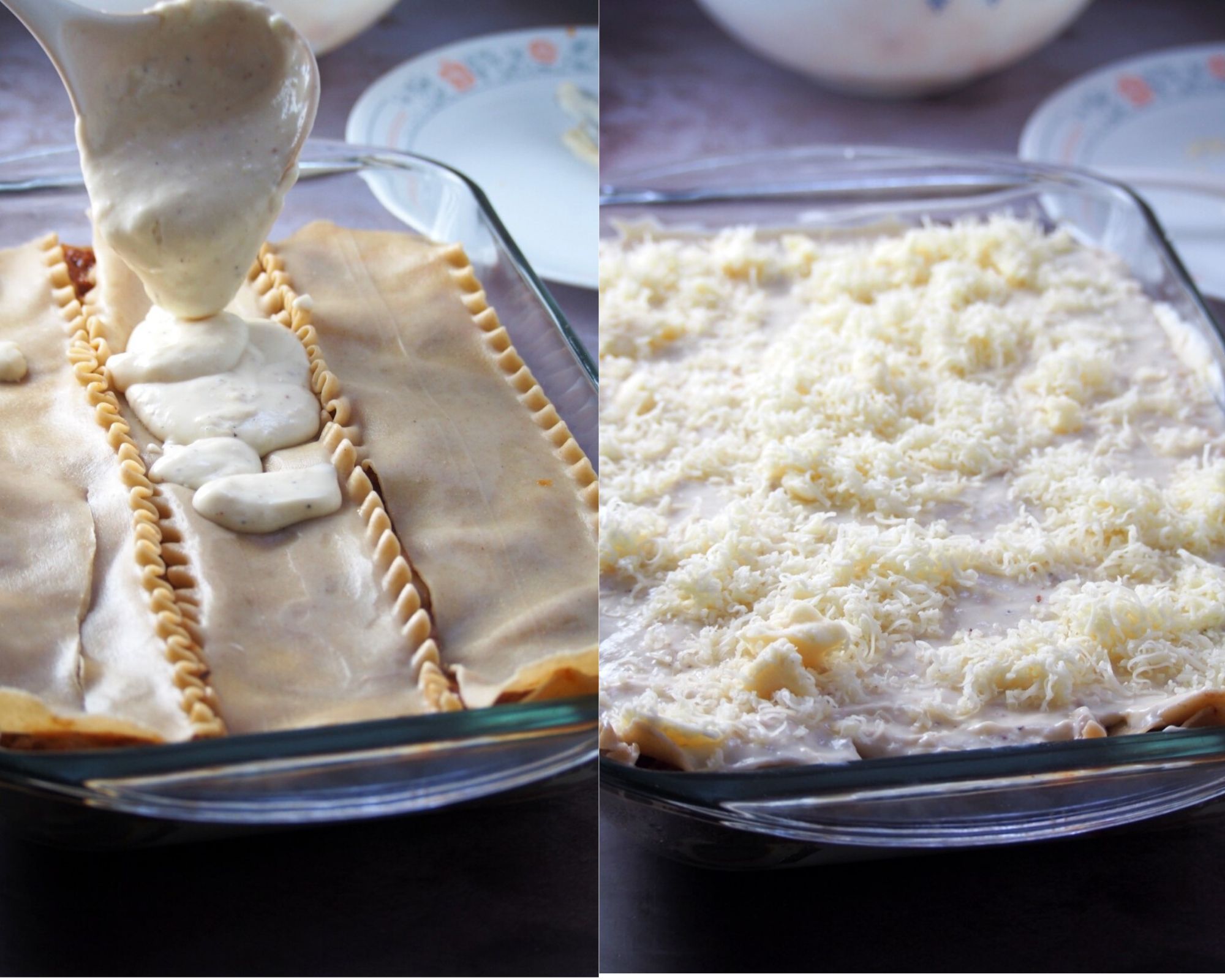 A photo collage showing the process of layering lasagna.