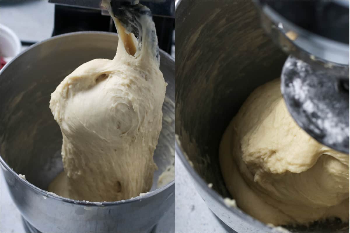 The stages of mixing the  dough on the stand mixer.