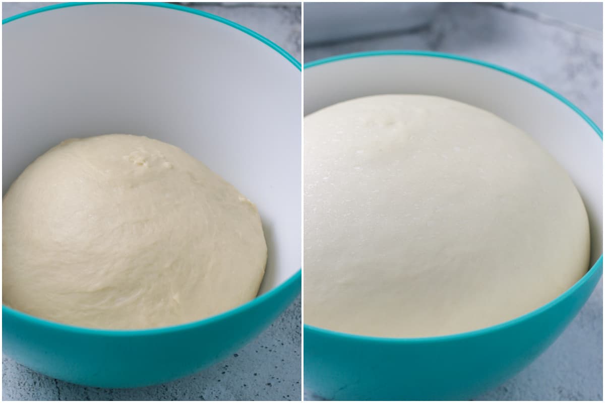 The pandesal dough, before and after the first rise.