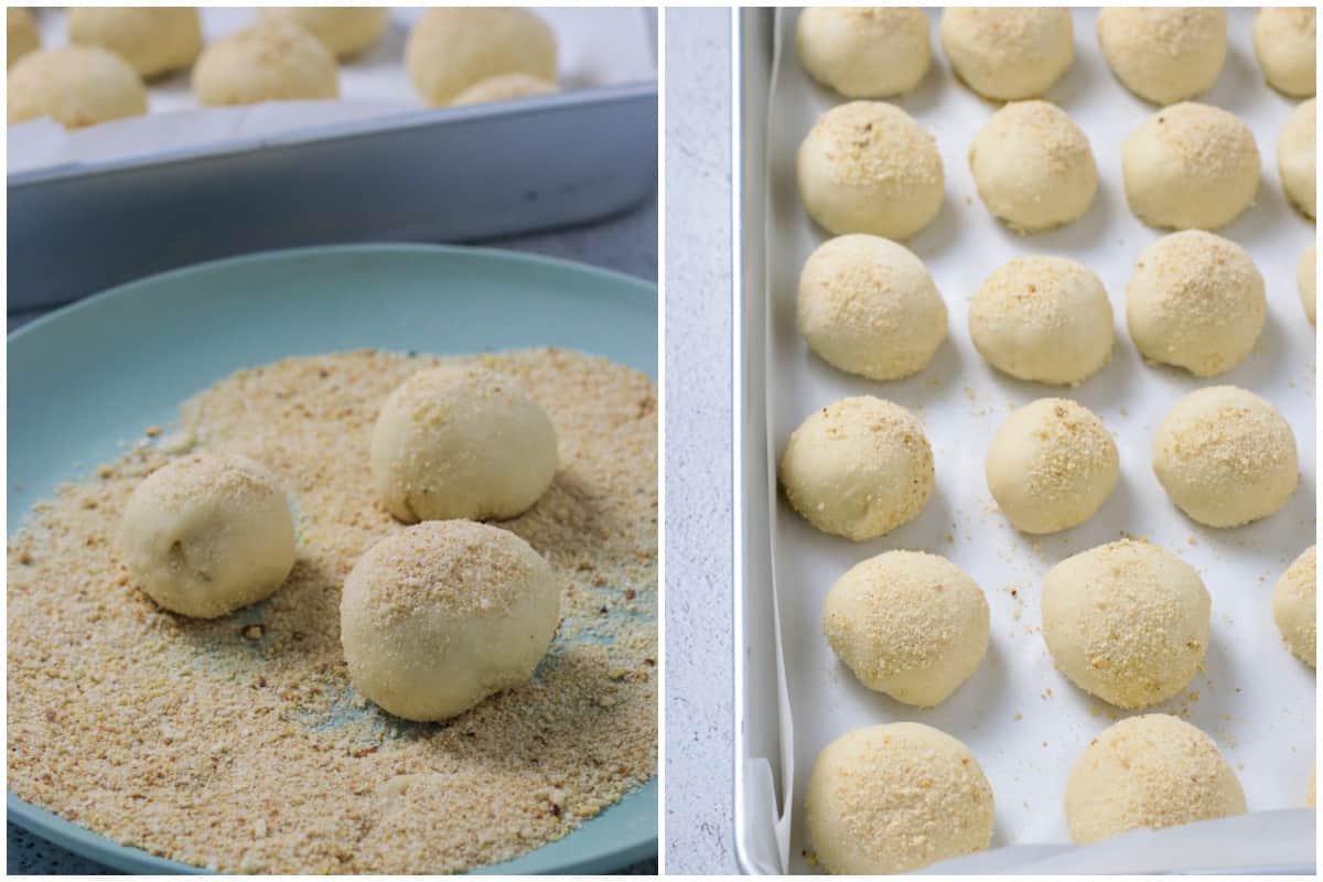 A collage showing the rolling of the dough in bread crumbs on the left and the arranged balls of dough in the pan.