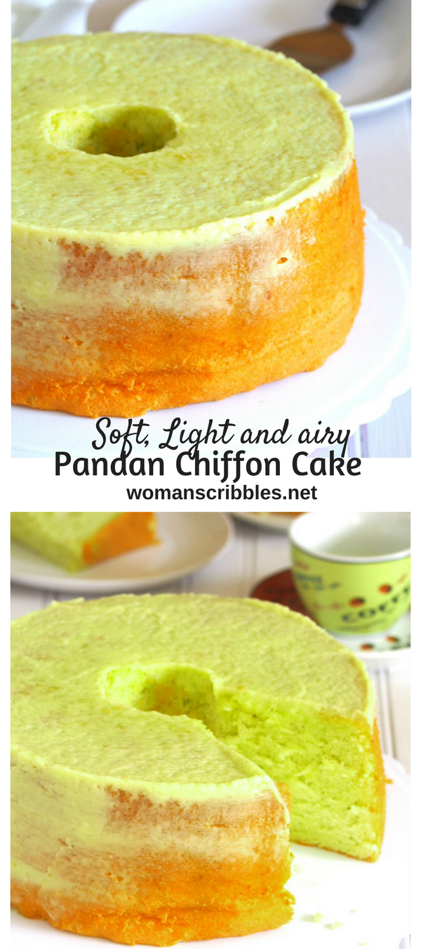 A very soft pandan chiffon cake that is pleasantly flavored with pandan essence. It is a light chiffon with a very delicate, airy texture that you will love.