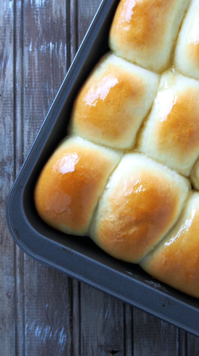 Top and close up view of honey buns in the pan.