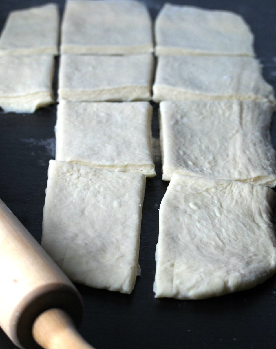The dough cut into 16 mini rectangles to form the croissants.