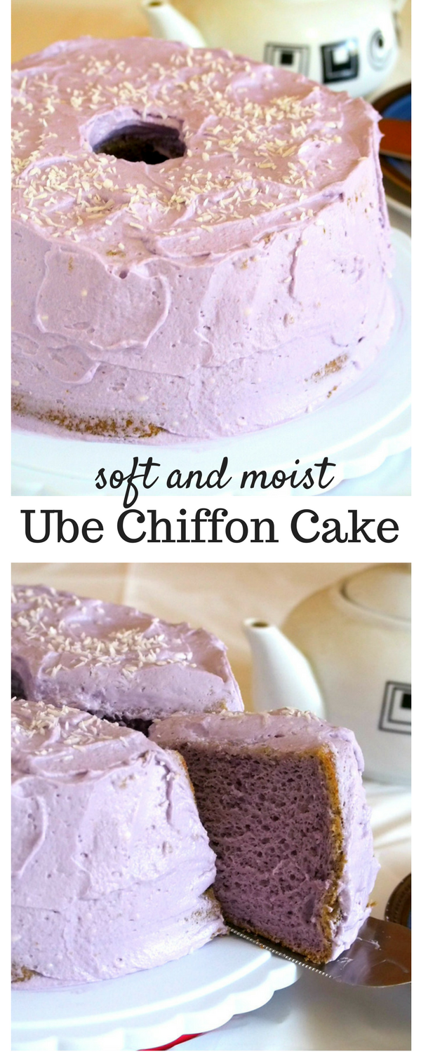 Ube Chiffon Cake is a soft, moist and fluffy cake that is frosted with whipped cream cheese icing and topped with some shredded coconut. It is a perfect cake to serve to a party or potluck.
