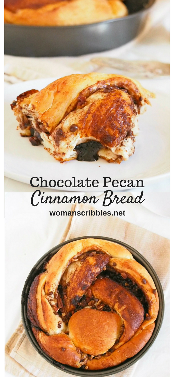 This Chocolate Pecan Cinnamon Bread is a soft, tasty bread braided with a delightful mixture of cinnamon sugar, cocoa, chocolate chips and pecan nuts. The addictive flavor and the soft texture of bread will have you pulling out a piece of this bread one after another.