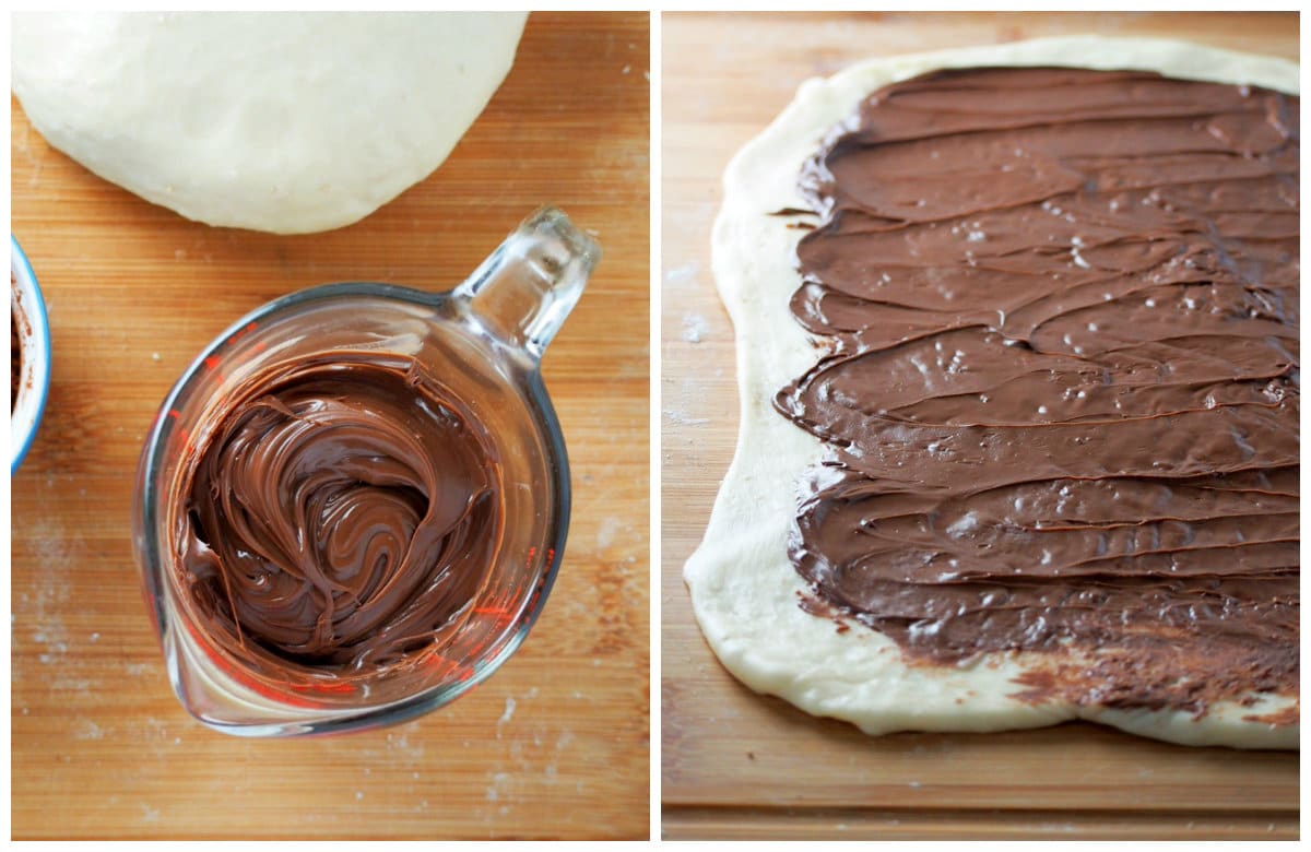 The Nutella being spread on the Nutella dough.