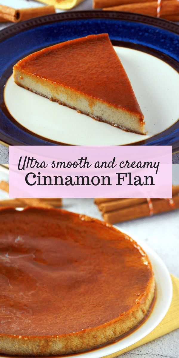 So creamy and smooth! This simple Cinnamon flan is a great dessert made of a simple custard that is infused with Cinnamon and topped with sweet caramel. #Cinnamondessert #custard #CinnamonRecipes #Cinnamonpie