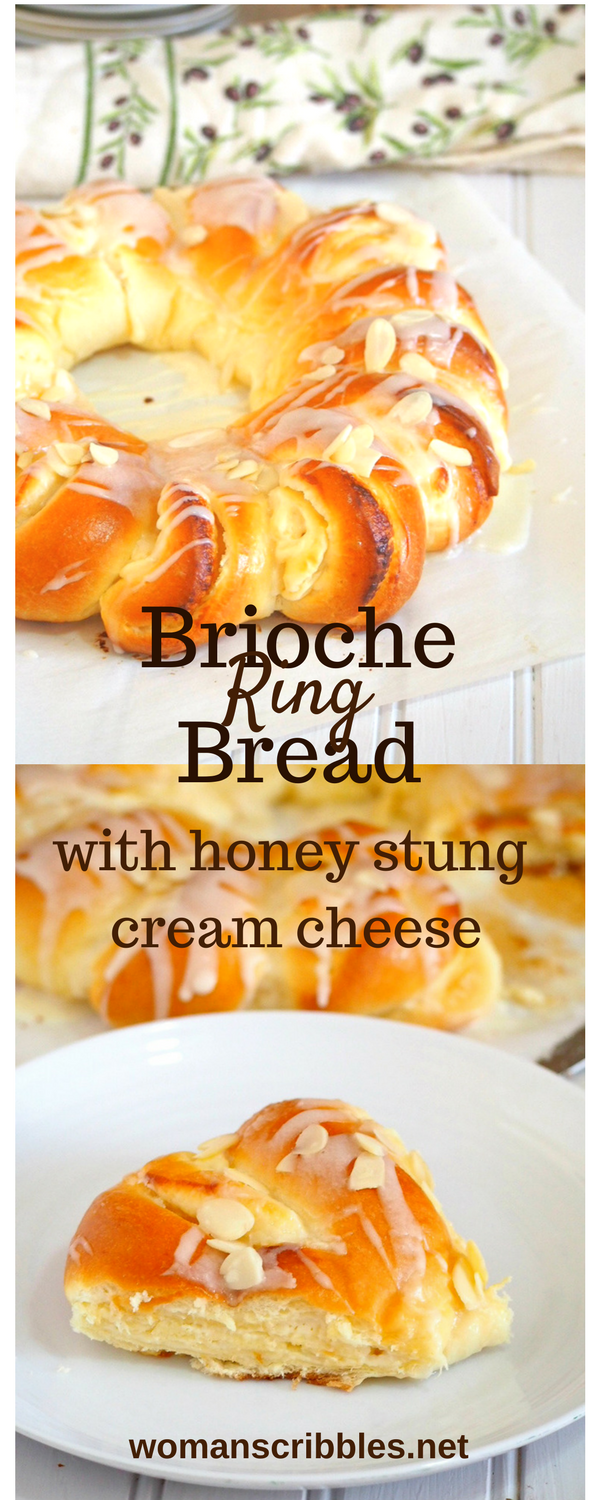 Soft and fluffy brichne bread ring stuffed with hoey cream cheese. Real yummy!