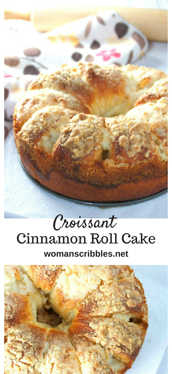 Croissant Cinnamon Roll Cake make the perfect breakfast with buttery layers of dough filled with cinnamon sugar, then topped with crisp streusel toppings.
