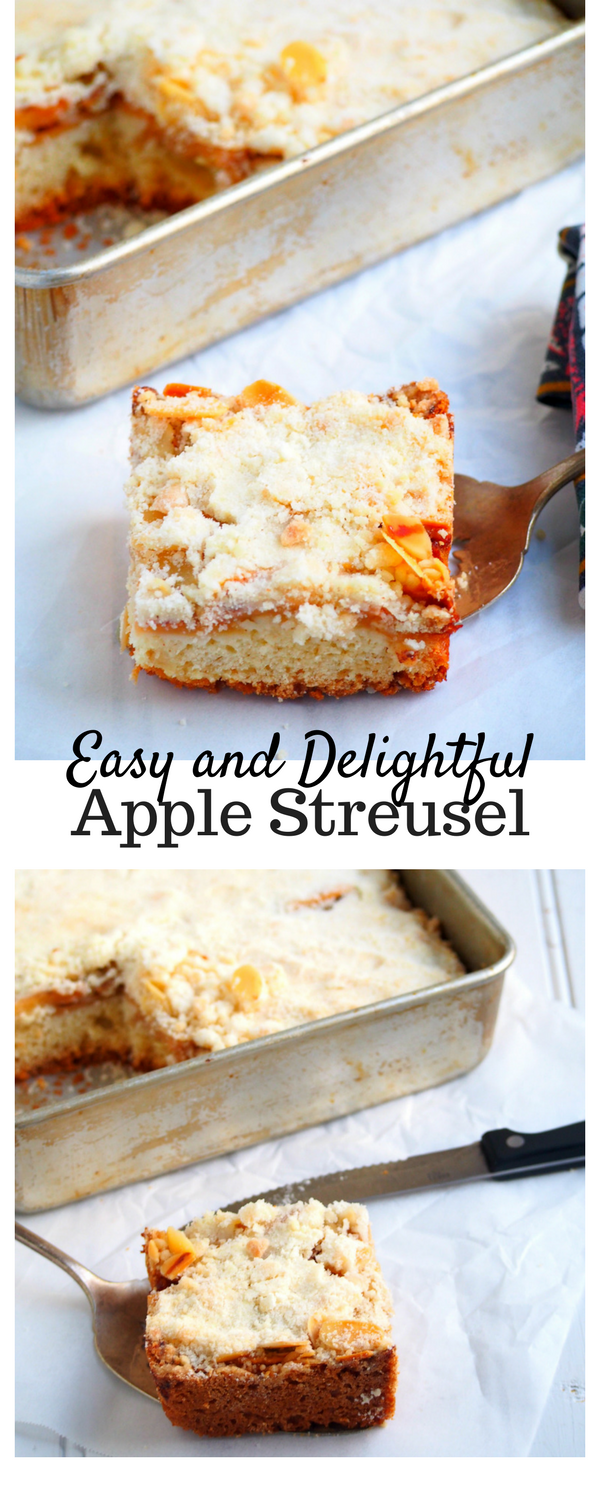 Keep cozy and satisfied this Fall season with this easy and simple Apple Streusel. This treat combines tender crisp apples, slivered almonds and buttery crumb toppings in a perfect easy to bake dessert.
