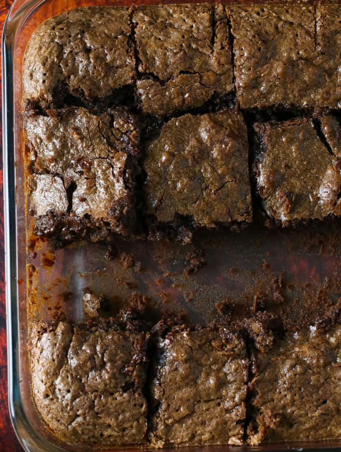 Top shot of chocolate brownies in a pan.
