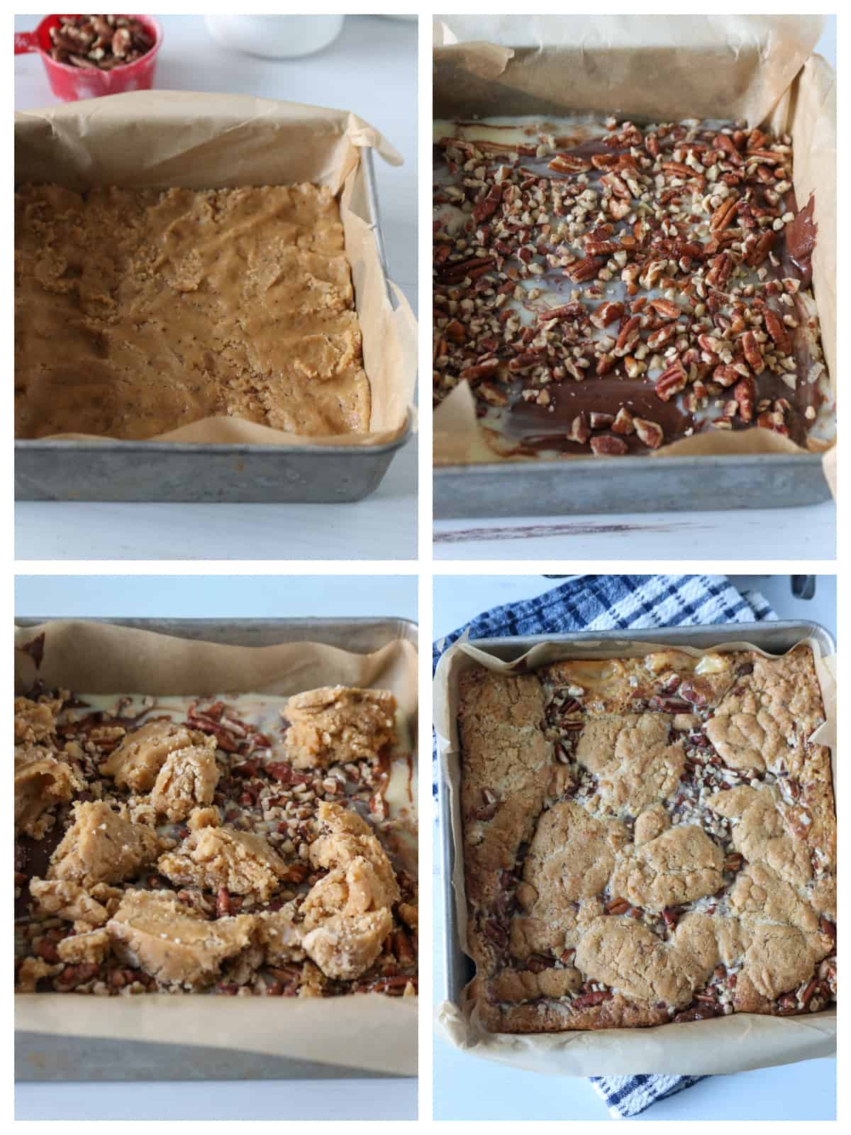 A collage showing the process of layering the cookie dough to make cookie bars.