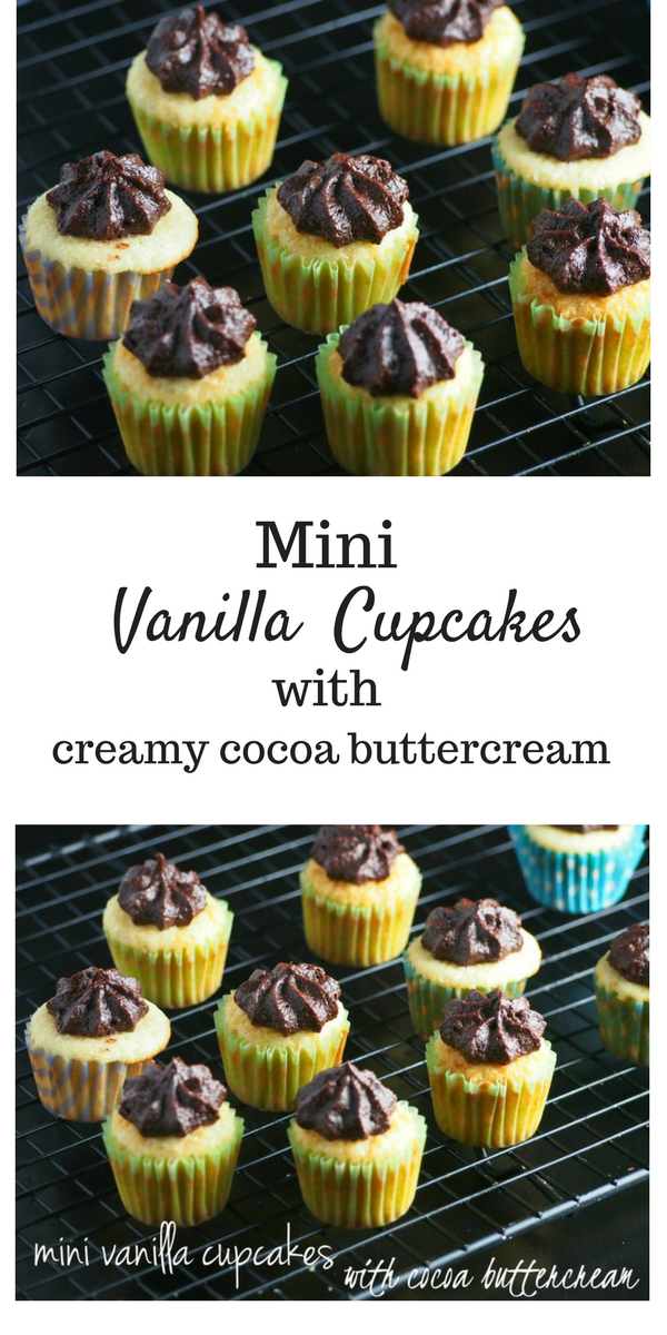 These mini vanilla cupcakes are mildly sweet and are frosted with a decadent cocoa frosting. These are perfect as little giveaway treats or as a quick sweet tooth fix.