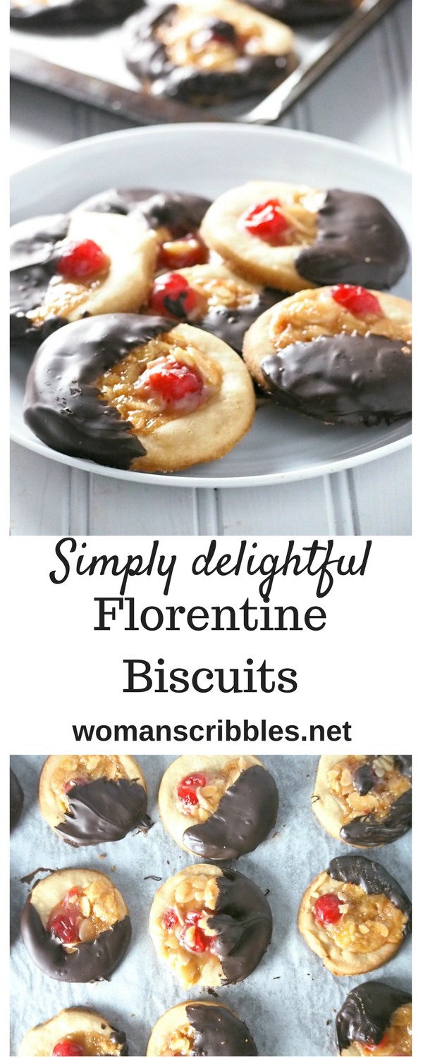 These Florentine biscuits are sweet dough topped with almonds, cherries, and a sweet buttery topping then finished with a coating of melted chocolate.