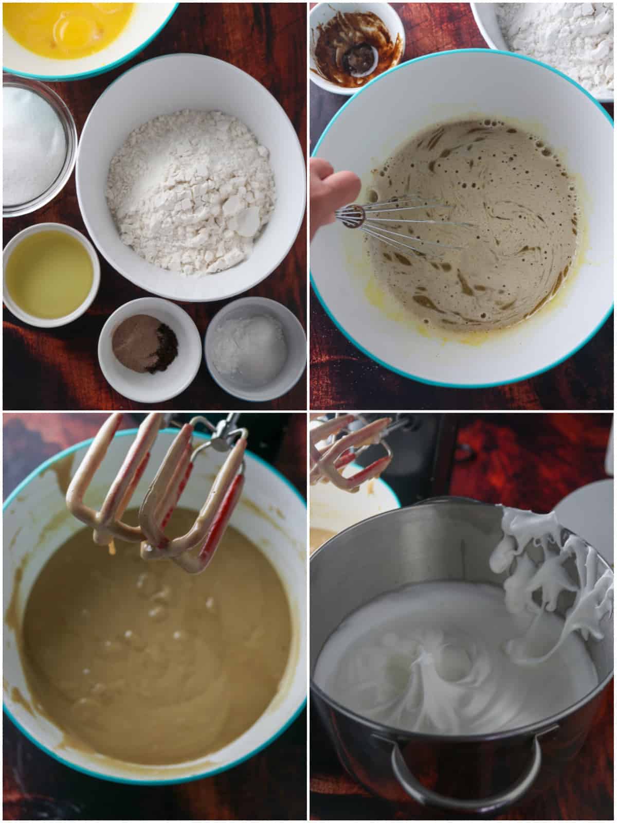 A collage showing the steps to make a mocha chiffon cake.