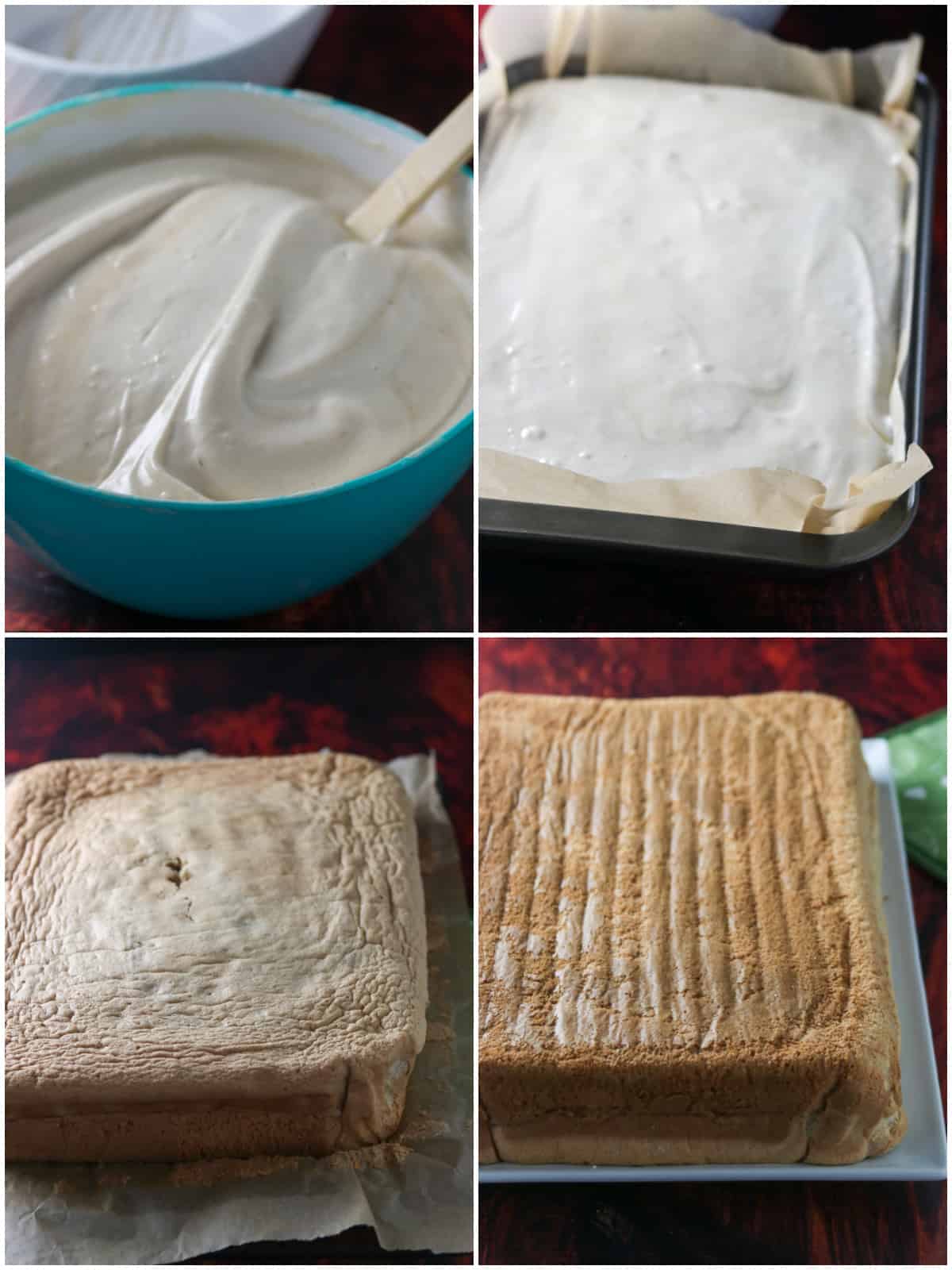 A collage showing the mixing stage of the mocha cake batter, then pouring it into a baking pan.