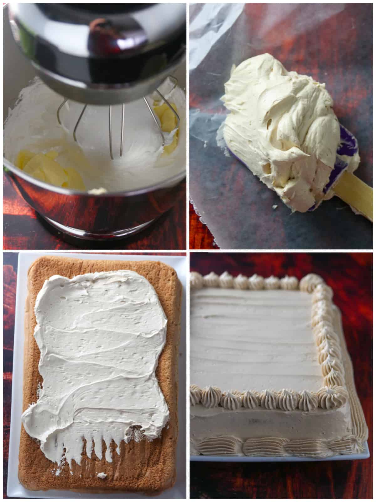 A collage showing the process of making swiss meringue buttercream, then icing the cake.
