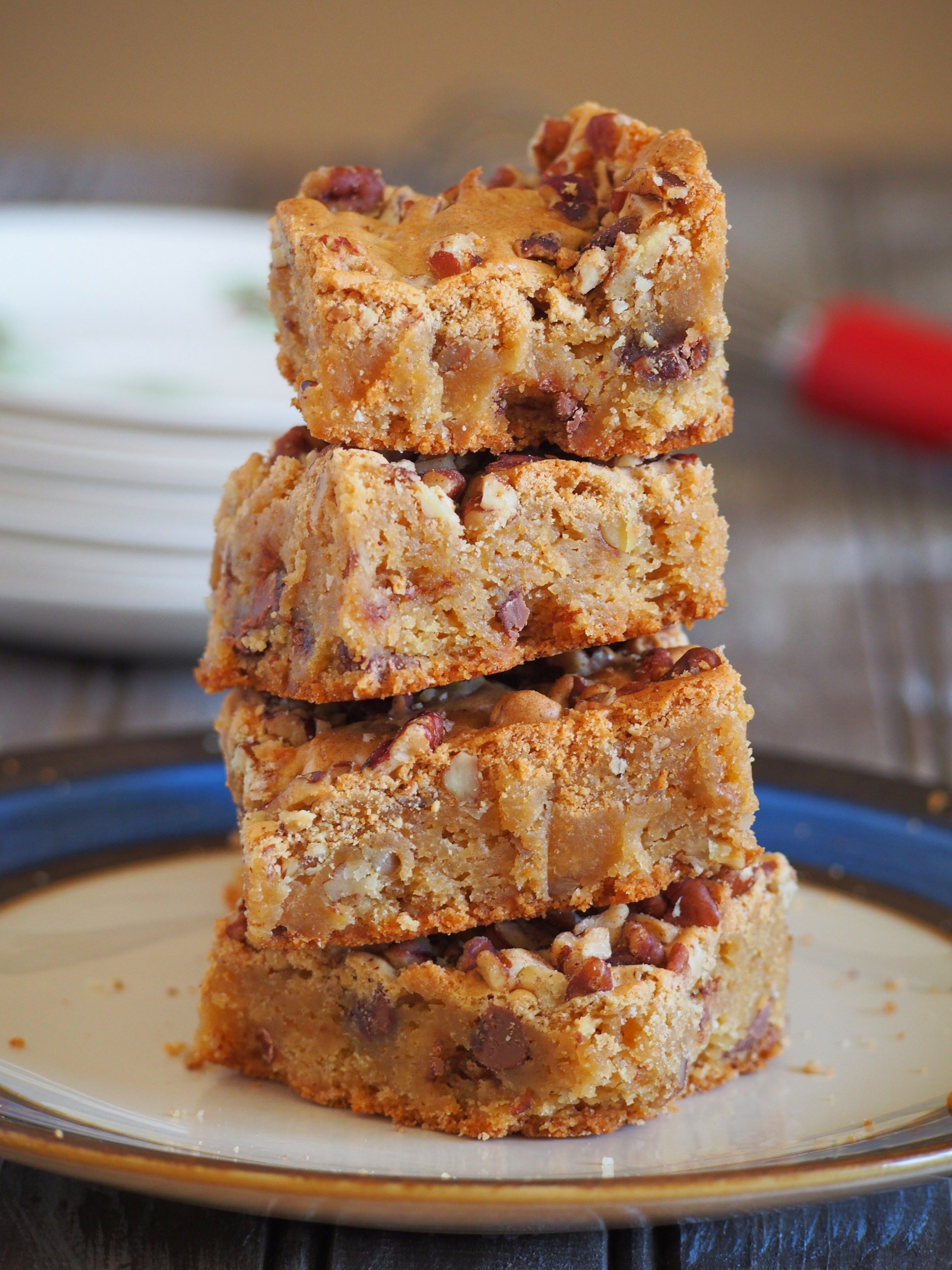 Enjoy these chewy butterscotch bars studded with crunchy pecans and delightful chocolate chips. Best things to munch anytime, anywhere.