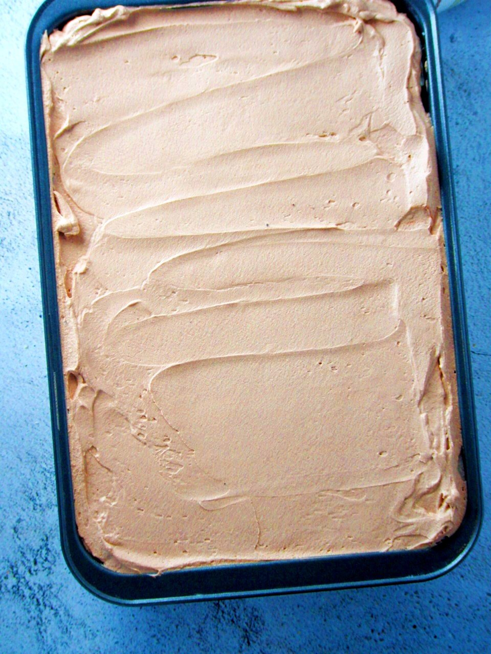 Top angle shot of fully frosted Ovaltine cake on a 9x13 baking pan.
