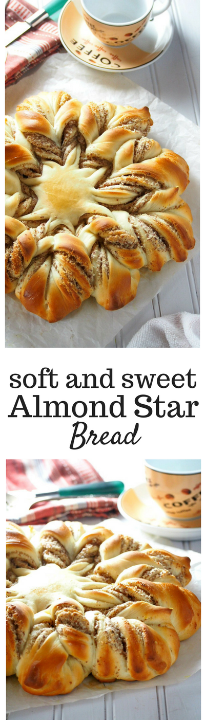 This grand Almond bread shaped in a stunning star form is a delicious and soft bread filled with a tasty almond filling. #almondbread #starbread