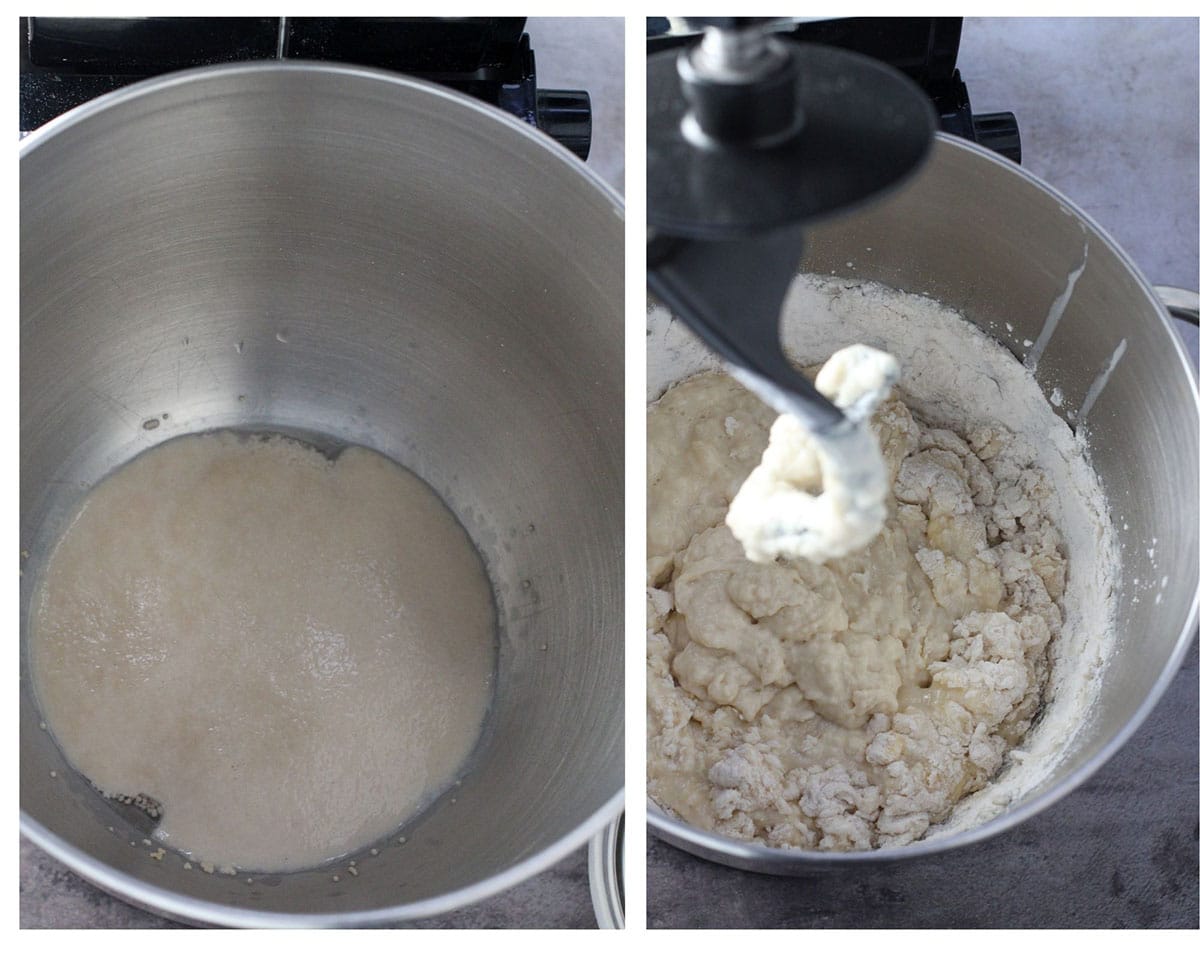 Proving the yeast (left) and mixing the dough (right).