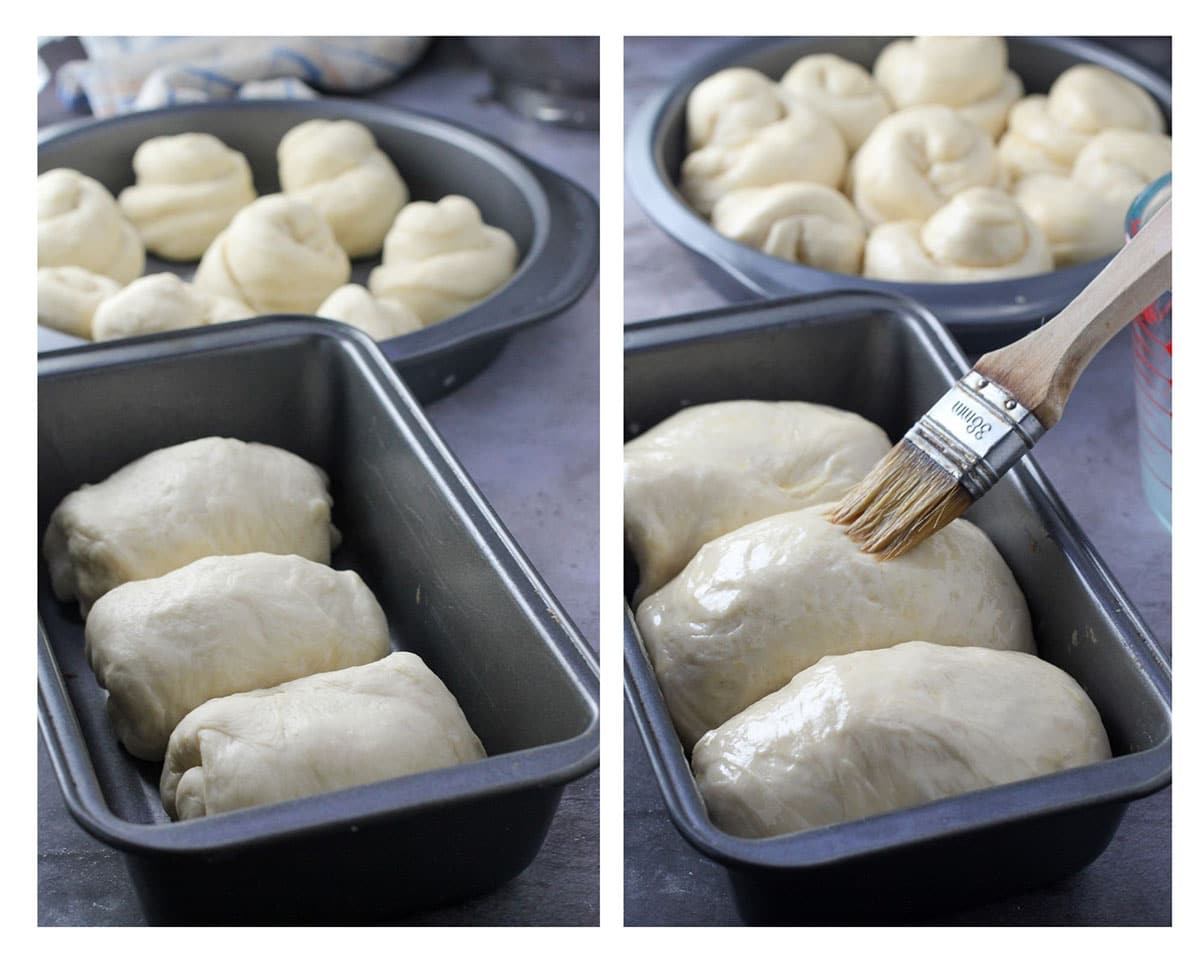 The shaped milk bread dough before and after the second rise.