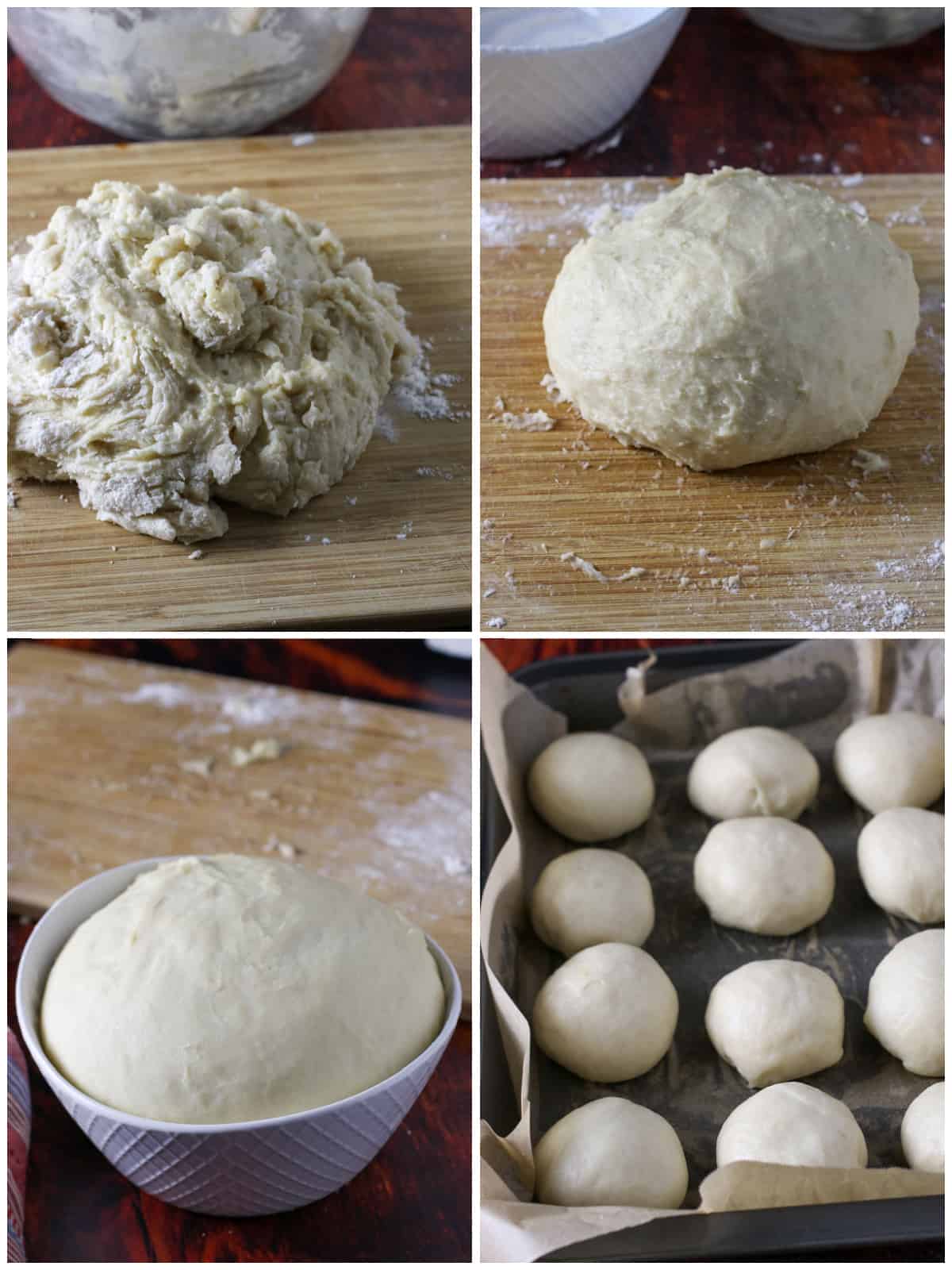 A collage showing the stages of the dough from kneading to shaping into coconut bread rolls.