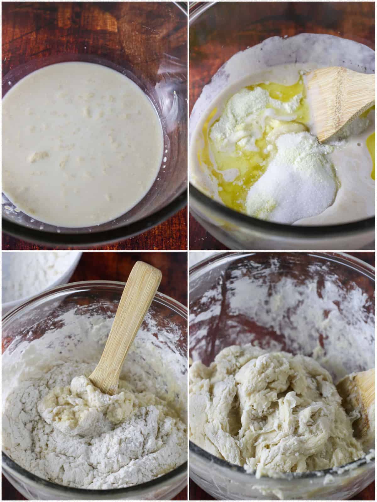 A collage showing the mixing of the coconut bread dough.