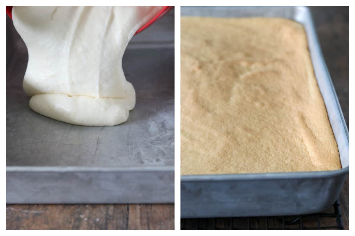Pouring the cake batter into the pan (left). The baked cake (right).