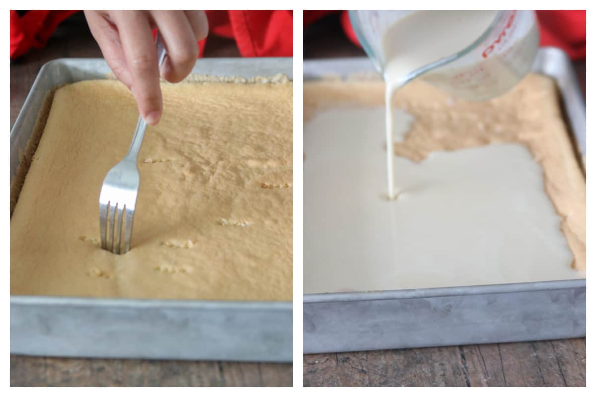 Pouring  milk mixture all over the cake.