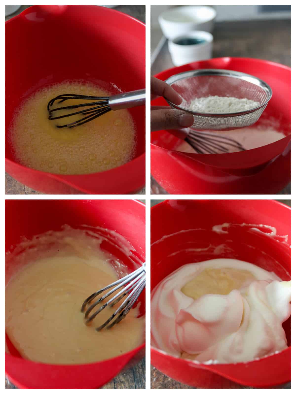 A collage showing the process of making the yolk batter for the chiffon cake.