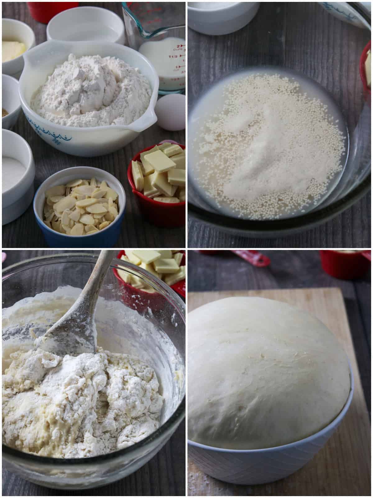 The process of making the yeast donuts dough in a collage.