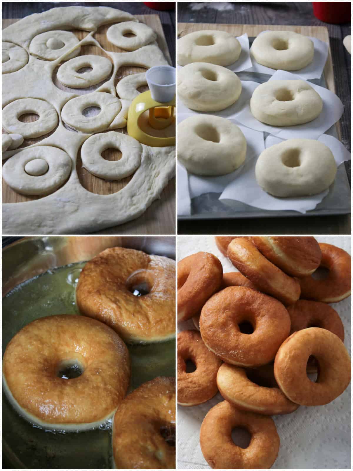 Cutting, frying and draining the yeast donuts.