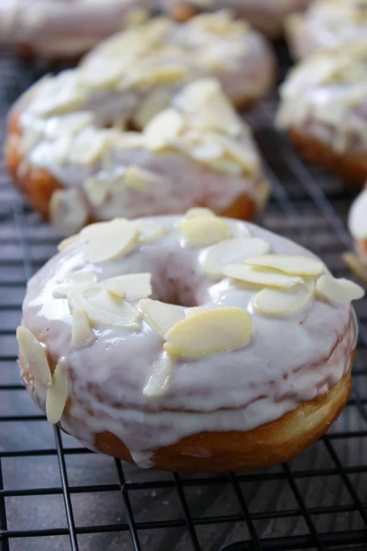 Close up shot of a white chocolate yeast donut.