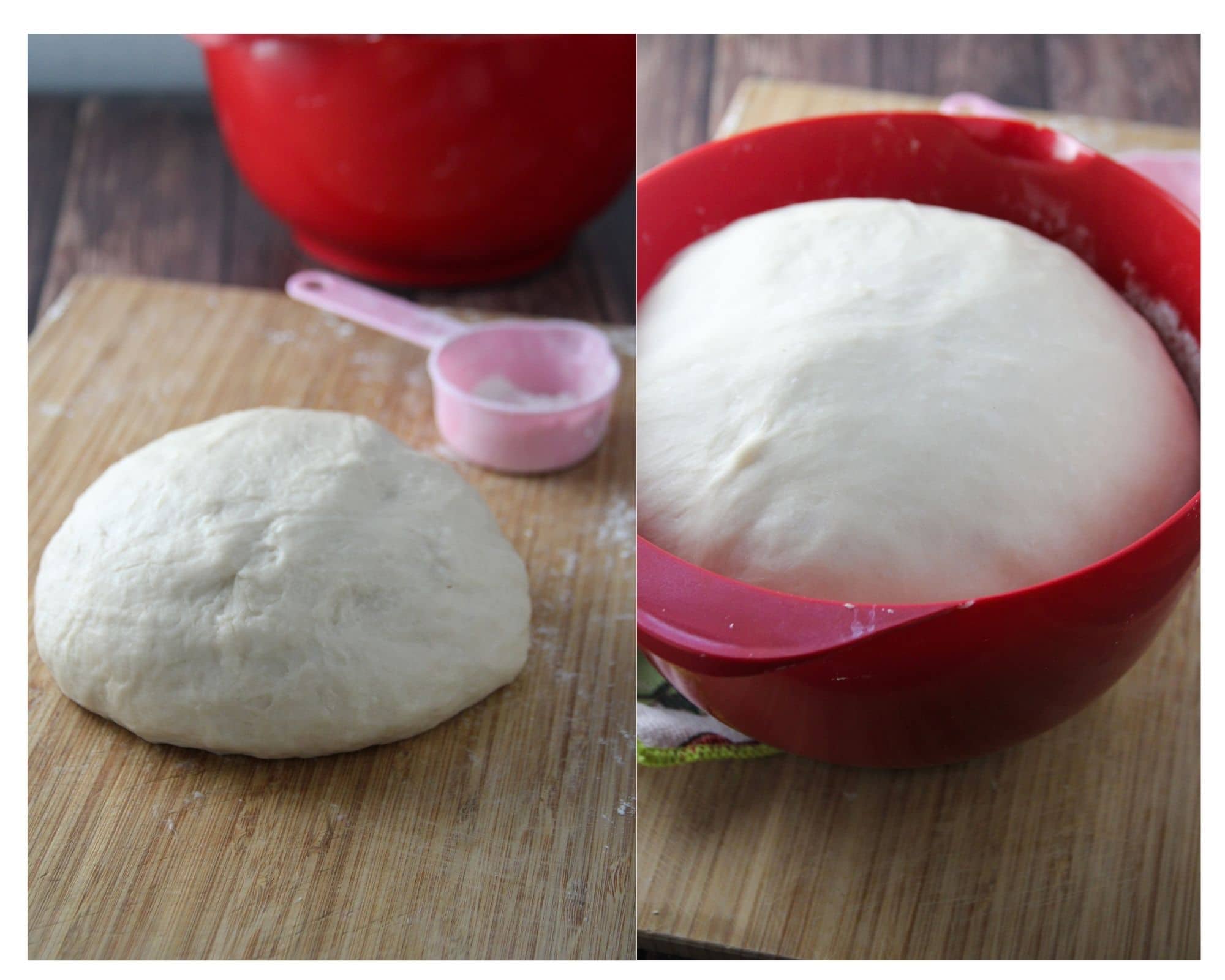 The dough of cheese roll before and after the first rise.