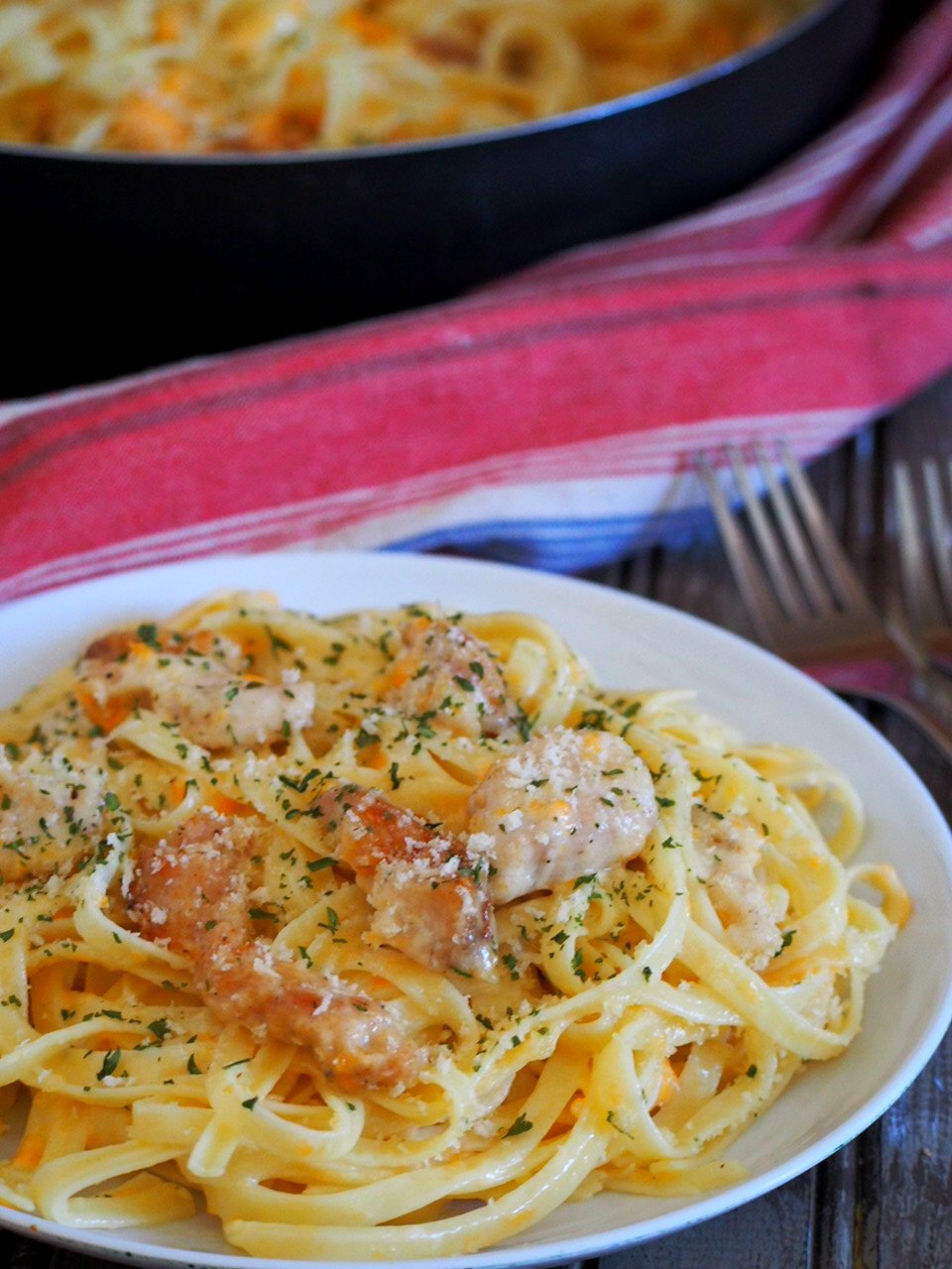 No parmesan? No problem! This Cheddar Cheese Chicken Fettuccine Alfredo is a tasty and classy meal that is done in no time. This is your perfect pasta on a weekday- fast, easy and delicious.
