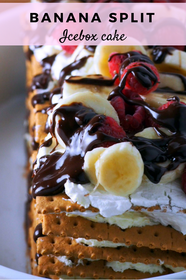 Enjoy the classic banana split in this easy, no-bake dessert in cake form. Banana Split Icebox Cake-all you need are graham crackers, some whipped topping and sour cream, bananas and jello pudding. Have fun assembling! #bananas #nobake #bananasplit #iceboxcake
