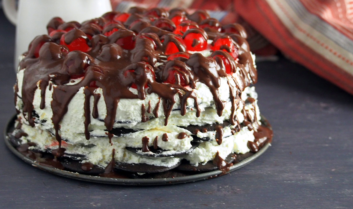 Whole shot of the black forest icebox cake in landscape orientation.