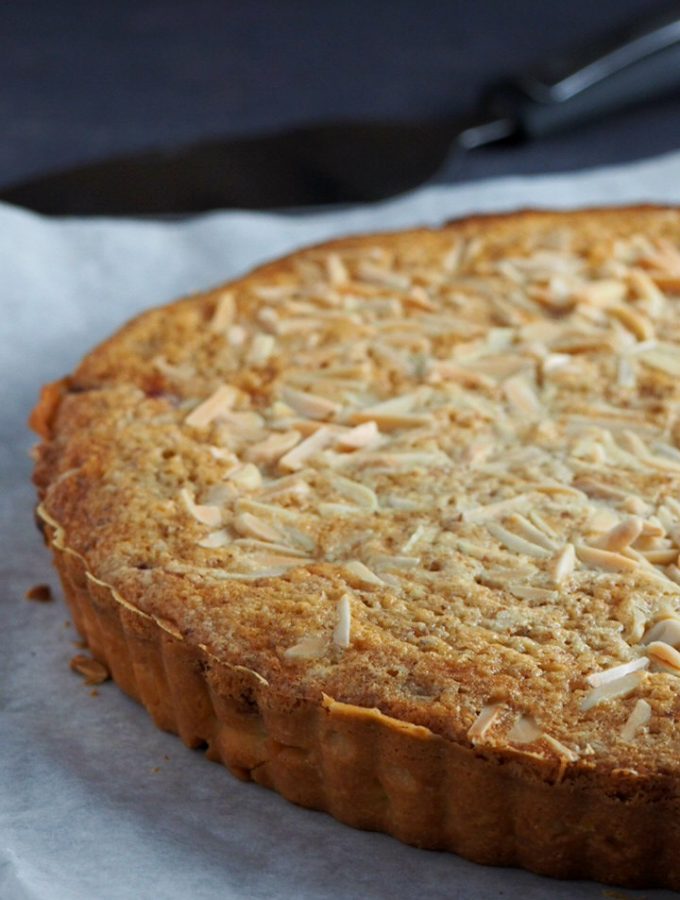 Bakewell Tart is a grand dessert made of a sweet shortcut pastry filled with a wonderful layering of raspberry jam, frangipane and flakes of almond.