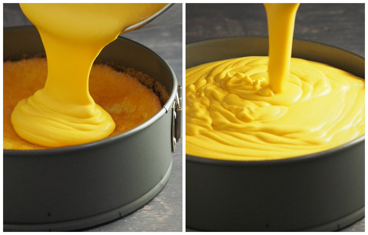 The mango mousse is being poured on top of the sponge cake.